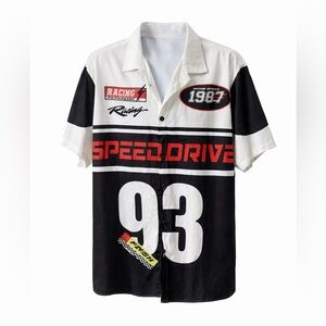 ROMWE Men’s Black & White Racing Graphic Button Down Shirt